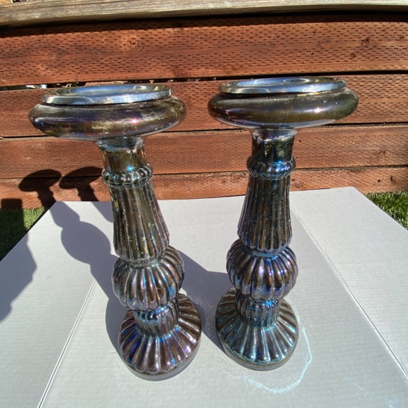A Pair of Beautiful PILLAR BLUE GLASS CANDLE HOLDERS  2-PC - Picture 8 of 8